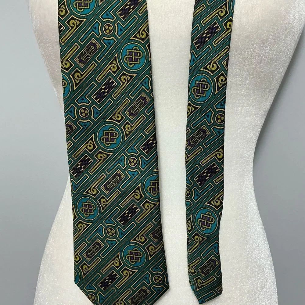BSL Celtic Geometric Patterned Tie in Teal and Gold made in Ireland